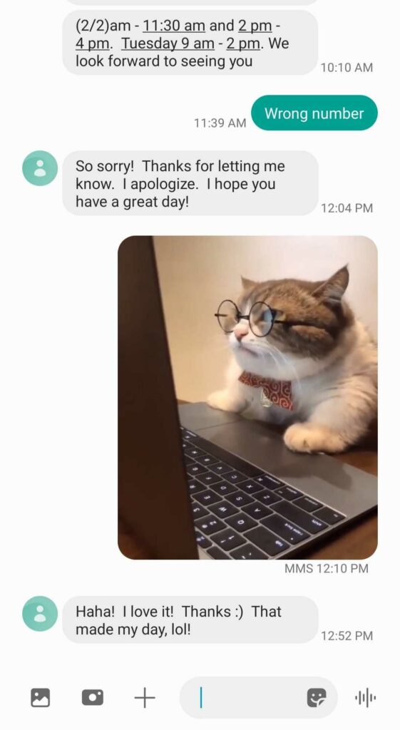 Brian exchanging cat memes with a wrong number.