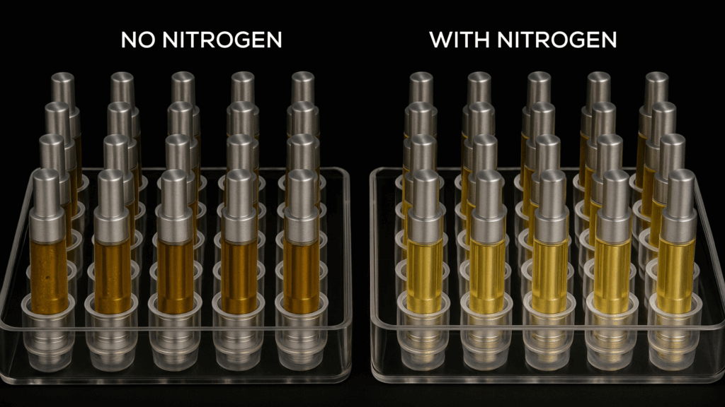“Side-by-side vape cartridges showing the difference with and without nitrogen use”